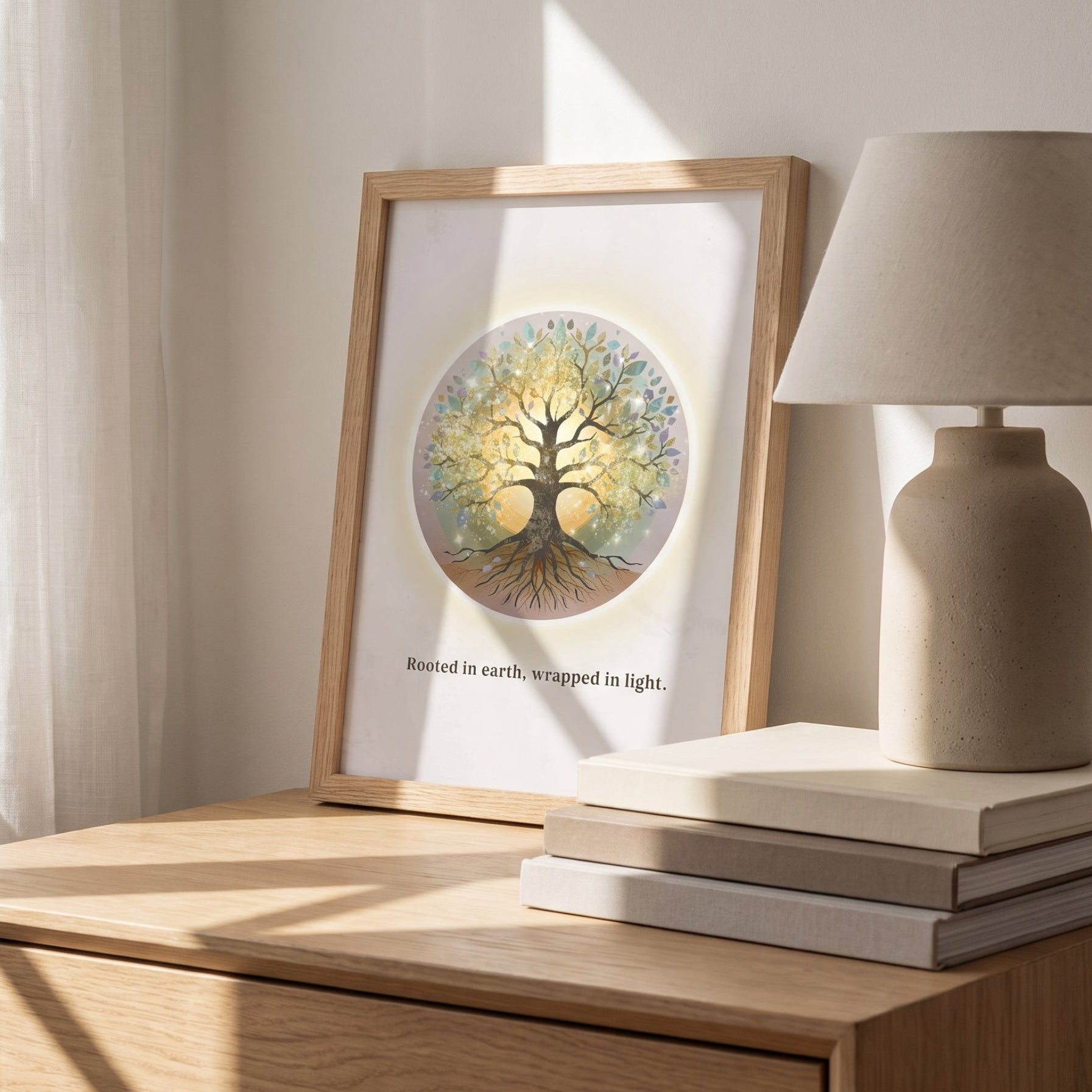 Spiritual tree print with sacred geometry patterns on off-white background on a bedside table with daytime light shining in. 