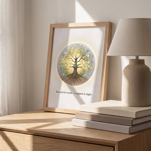 Spiritual tree print with sacred geometry patterns on off-white background on a bedside table with daytime light shining in. 