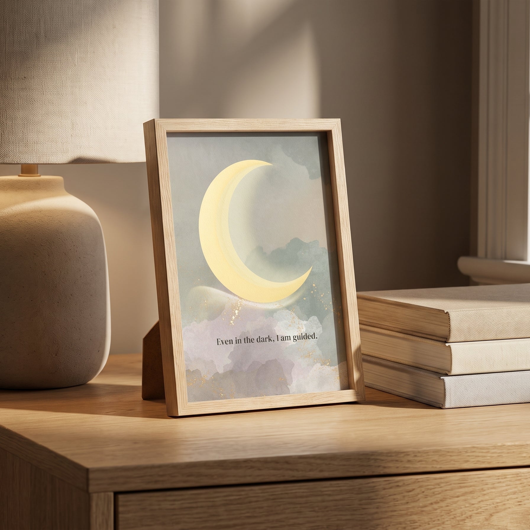 Sage green crescent moon wall art print in a minimalist wooden frame