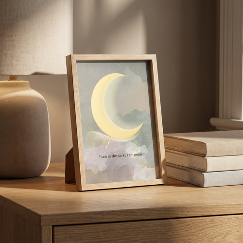 Sage green crescent moon wall art print in a minimalist wooden frame