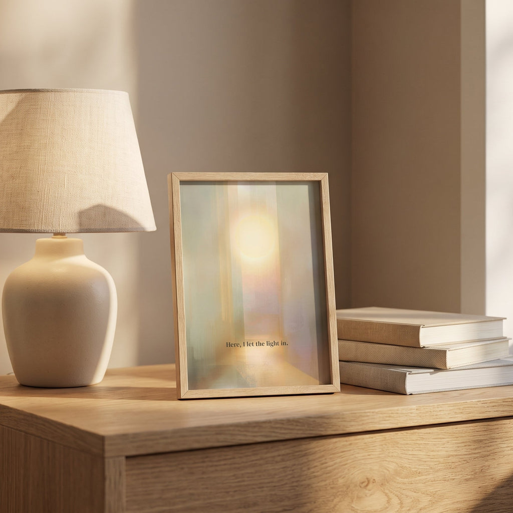 Abstract landscape wall art print with soft hills and light, muted sage tones