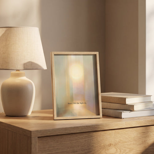 Abstract landscape wall art print with soft hills and light, muted sage tones