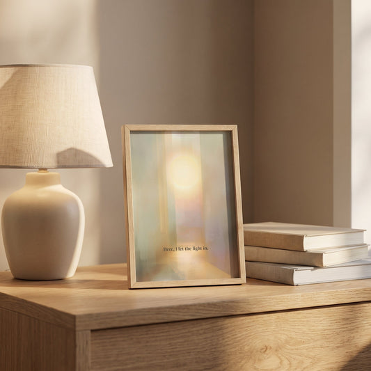 Abstract landscape wall art print with soft hills and light, muted sage tones