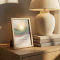 Abstract landscape wall art print in soft sage green, minimal meditation room decor with a heart glowing and an affirmation of Here, I let my heart be soft. 