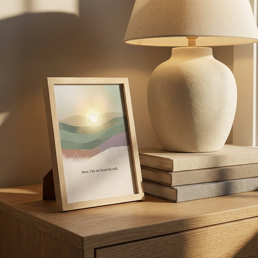 Abstract landscape wall art print in soft sage green, minimal meditation room decor with a heart glowing and an affirmation of Here, I let my heart be soft. 