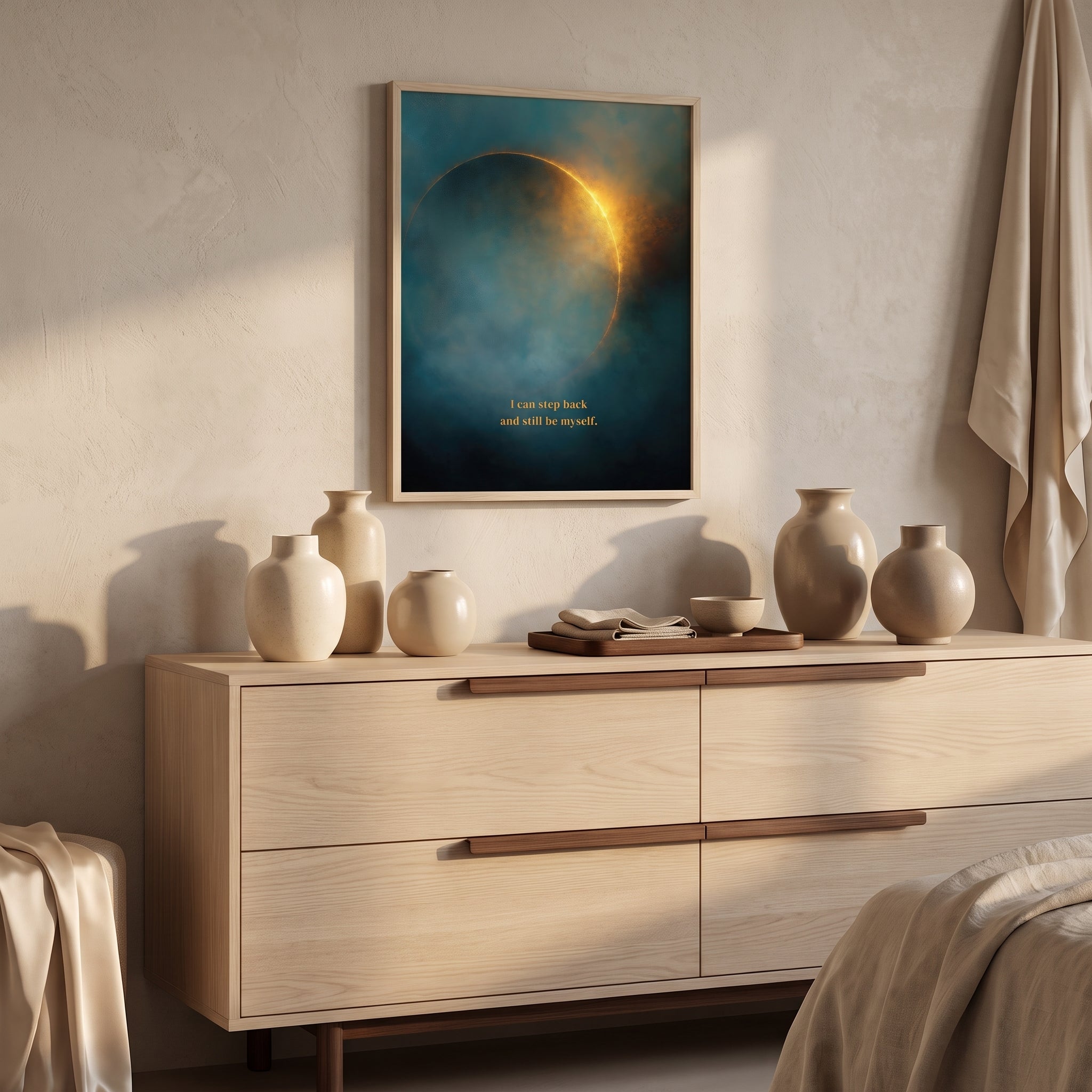 "I can step back and still be myself." — Teal & Gold Eclipse Print, Celestial Abstract Bedroom Wall Art (Digital Download)