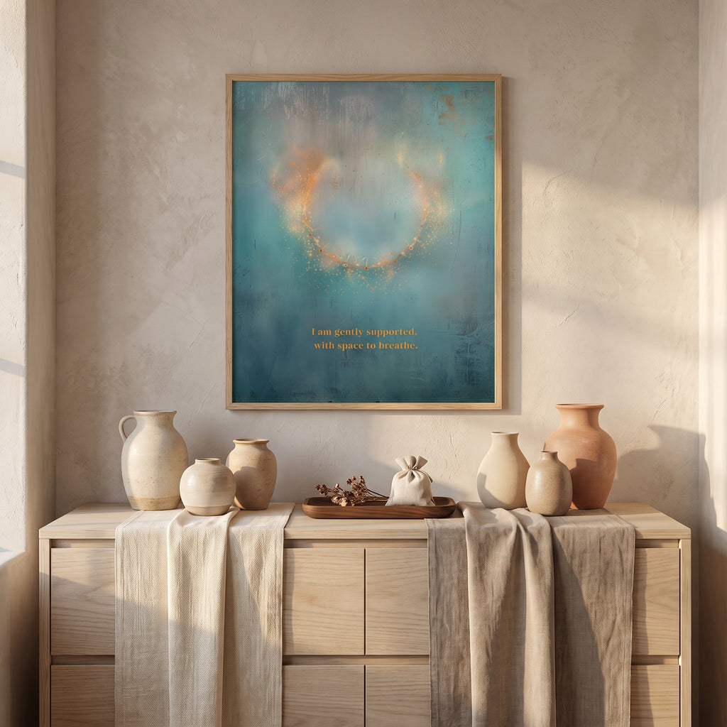 "I am gently supported, with space to breathe." — Teal & Gold Circle of Light Abstract Print (Digital Download)