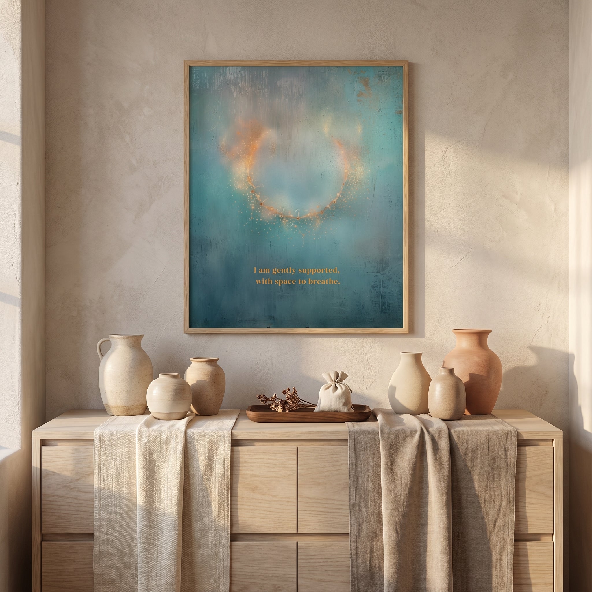 "I am gently supported, with space to breathe." — Teal & Gold Circle of Light Abstract Print (Digital Download)
