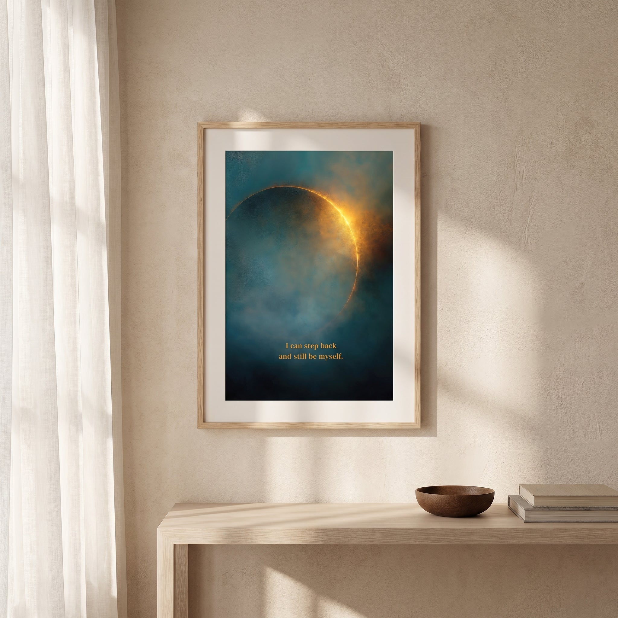 "I can step back and still be myself." — Teal & Gold Eclipse Print, Celestial Abstract Bedroom Wall Art (Digital Download)