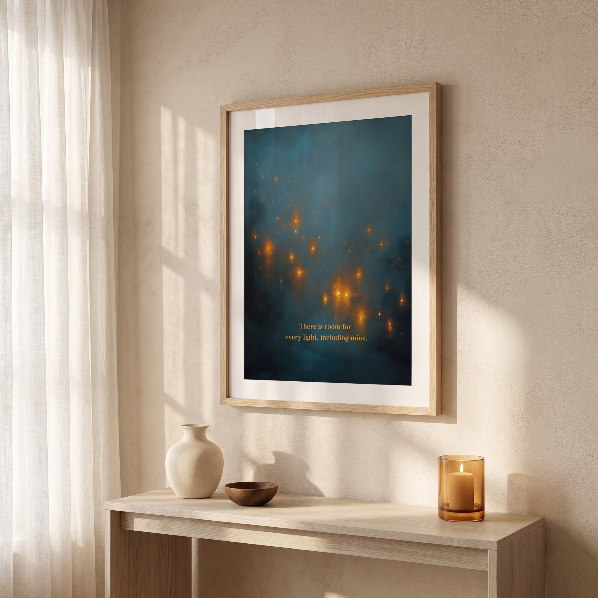 "There is room for every light, including mine." — Teal & Gold Distant Lights Abstract Print