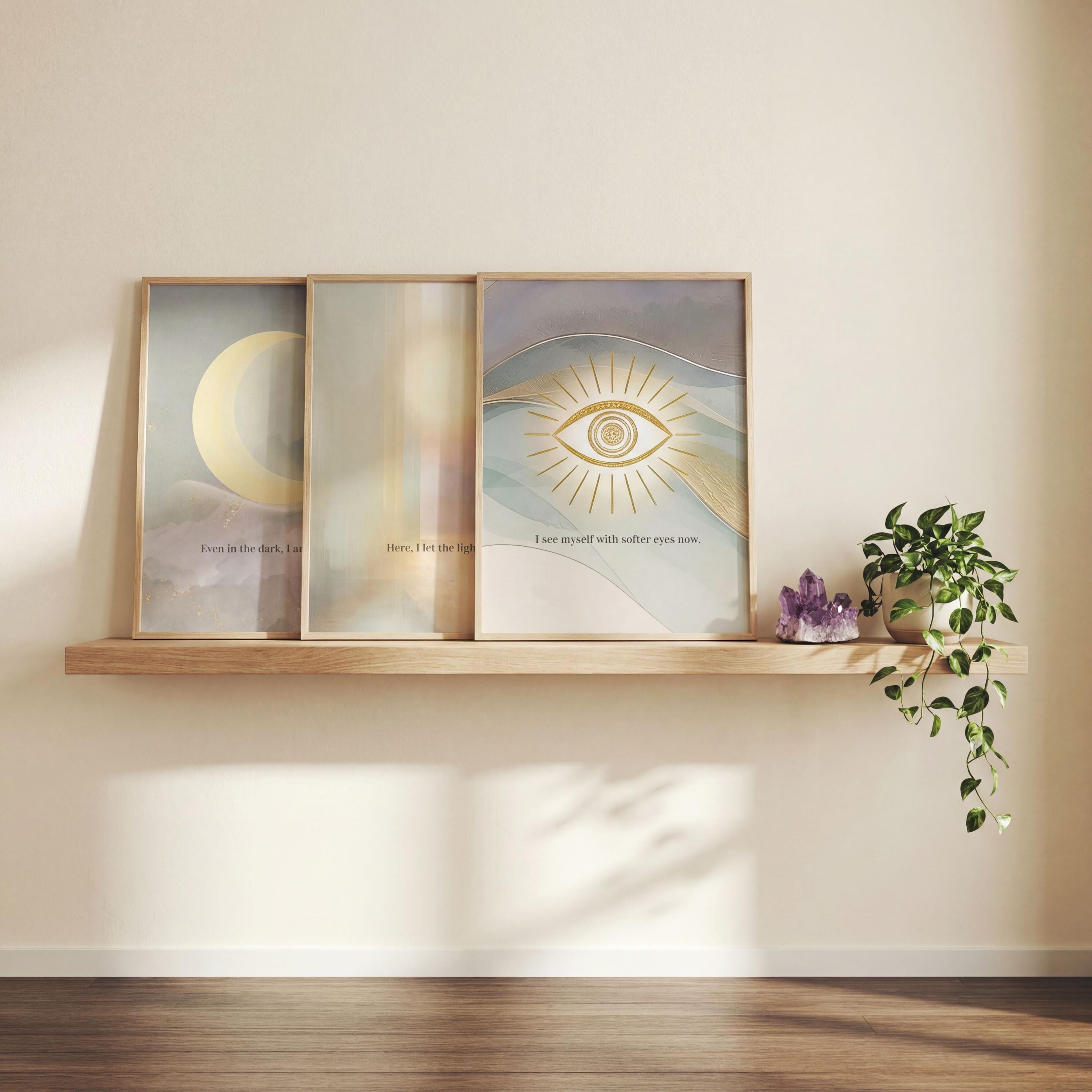 Spiritual Moon Chakra Vertical Print Set of 3, Narrow Hallway Wall Art