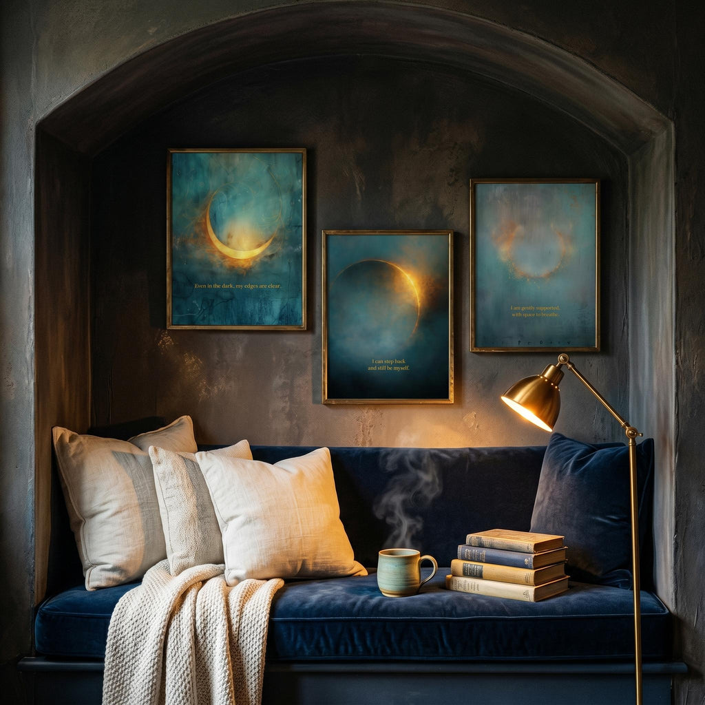 Celestial Moon Wall Art Set of 3, Teal & Gold Spiritual Lunar Prints, Bedroom Gallery Wall