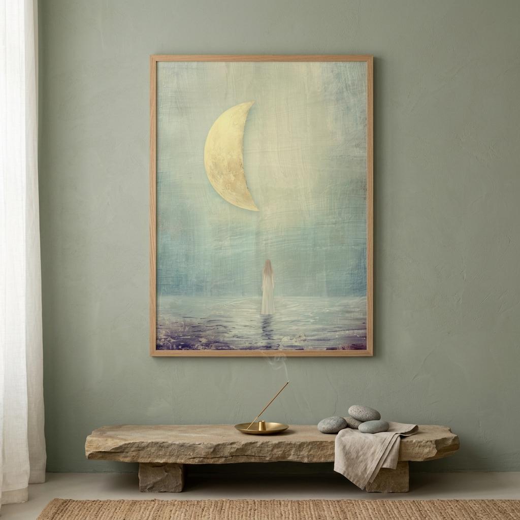 "I find harmony in the in-between." — Half Moon Print, Celestial Balance Wall Art, Teal & Gold (Digital Download)