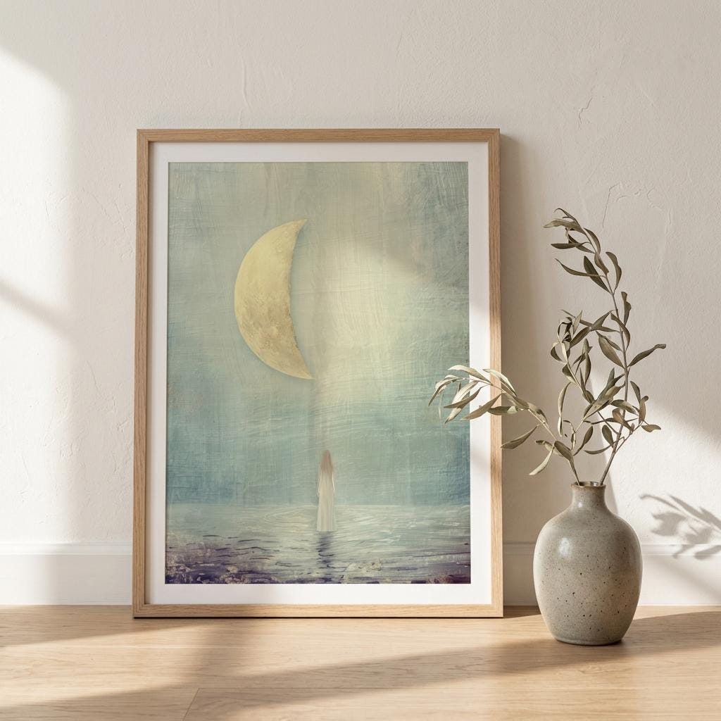 "I find harmony in the in-between." — Half Moon Print, Celestial Balance Wall Art, Teal & Gold (Digital Download)