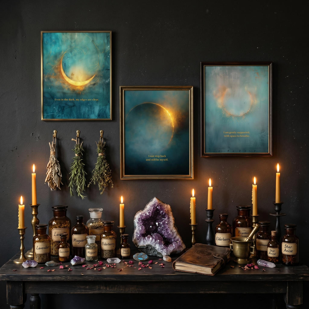 Celestial Moon Wall Art Set of 3, Teal & Gold Spiritual Lunar Prints, Bedroom Gallery Wall