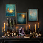 Celestial Moon Wall Art Set of 3, Teal & Gold Spiritual Lunar Prints, Bedroom Gallery Wall