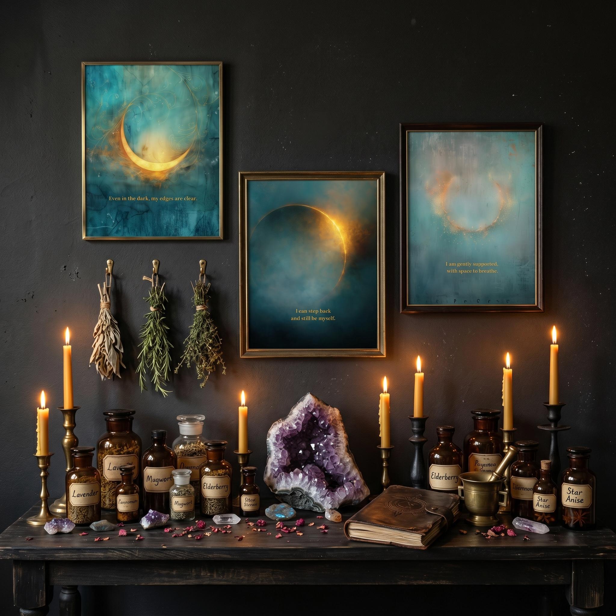 Celestial Moon Wall Art Set of 3, Teal & Gold Spiritual Lunar Prints, Bedroom Gallery Wall