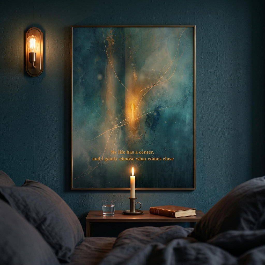 "My life has a center, and I gently choose what comes close." — Patina Blue Abstract Moon Print