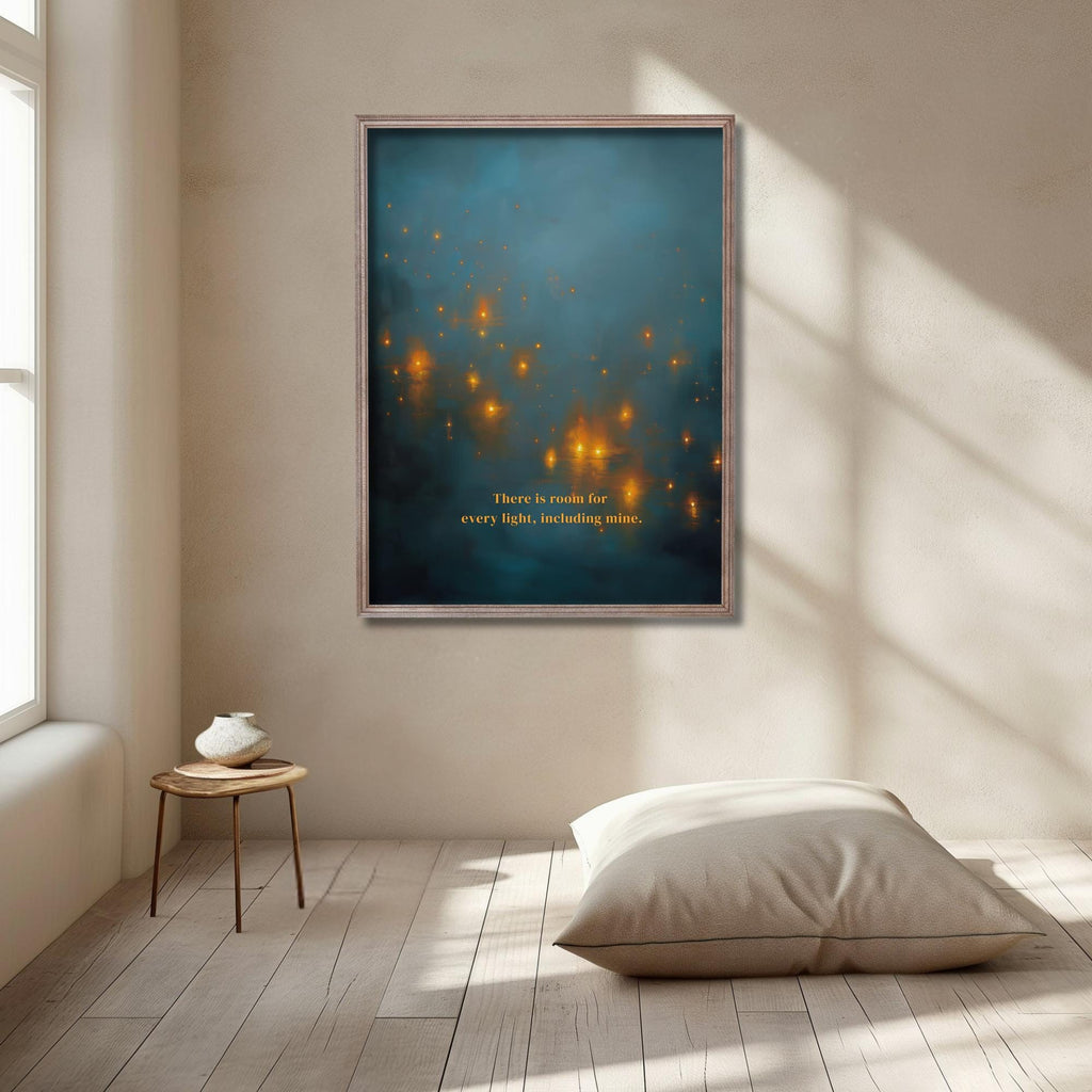 "There is room for every light, including mine." — Teal & Gold Distant Lights Abstract Print