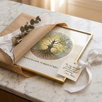 Close up detail of sacred geometry tree print texture in a golden frame in wrapping on a marble surface with a ribbon and gift tag. 