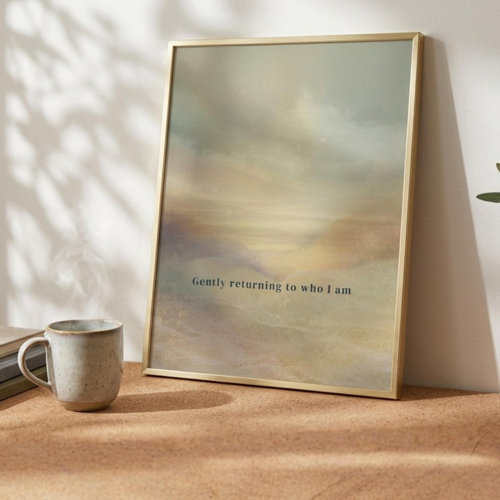 "Gently returning to who I am." — Warm Sand Landscape Print, Japandi Wabi Sabi Abstract Wall Art