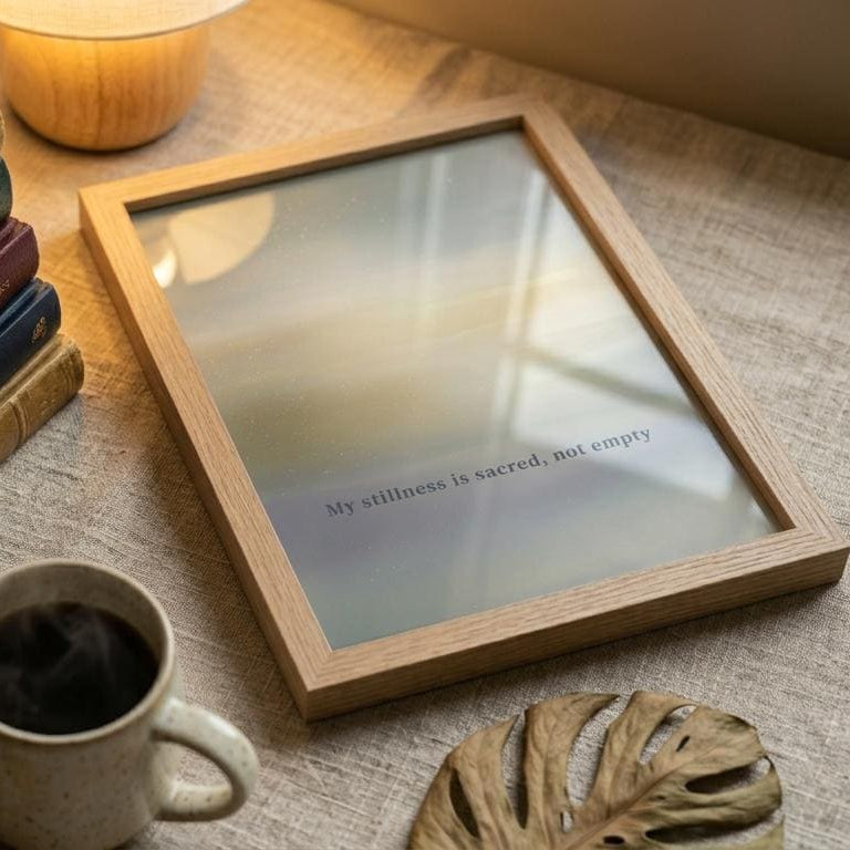 A square wooden picture frame with a blank reflective mirror surface sits on a textured beige tablecloth next to a stack of vintage books, a cup of coffee, and a small lit candle.