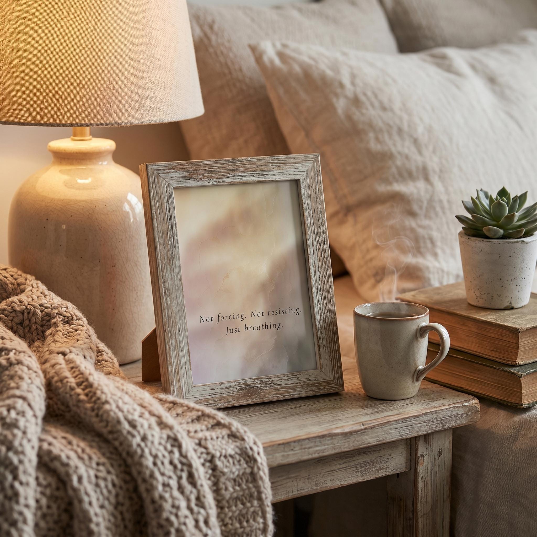 A rustic light gray wooden picture frame with the text 'Not forcing. Not retreating.