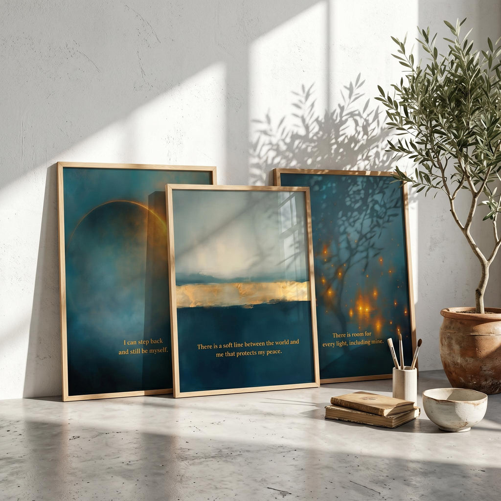 "Deep teal, gold light, sacred space." — Celestial Teal & Gold Gallery Wall Set of 9, Abstract Landscape Hallway Prints