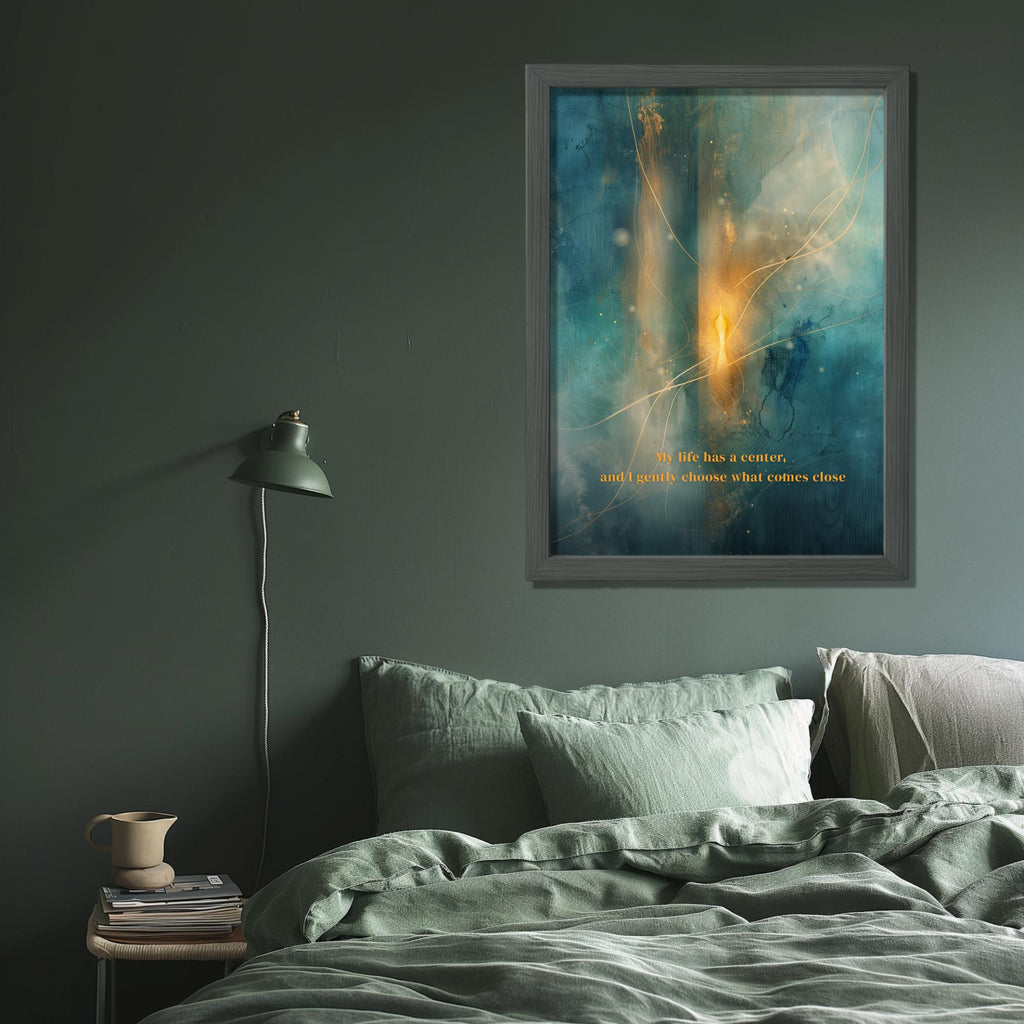 "My life has a center, and I gently choose what comes close." — Patina Blue Abstract Moon Print