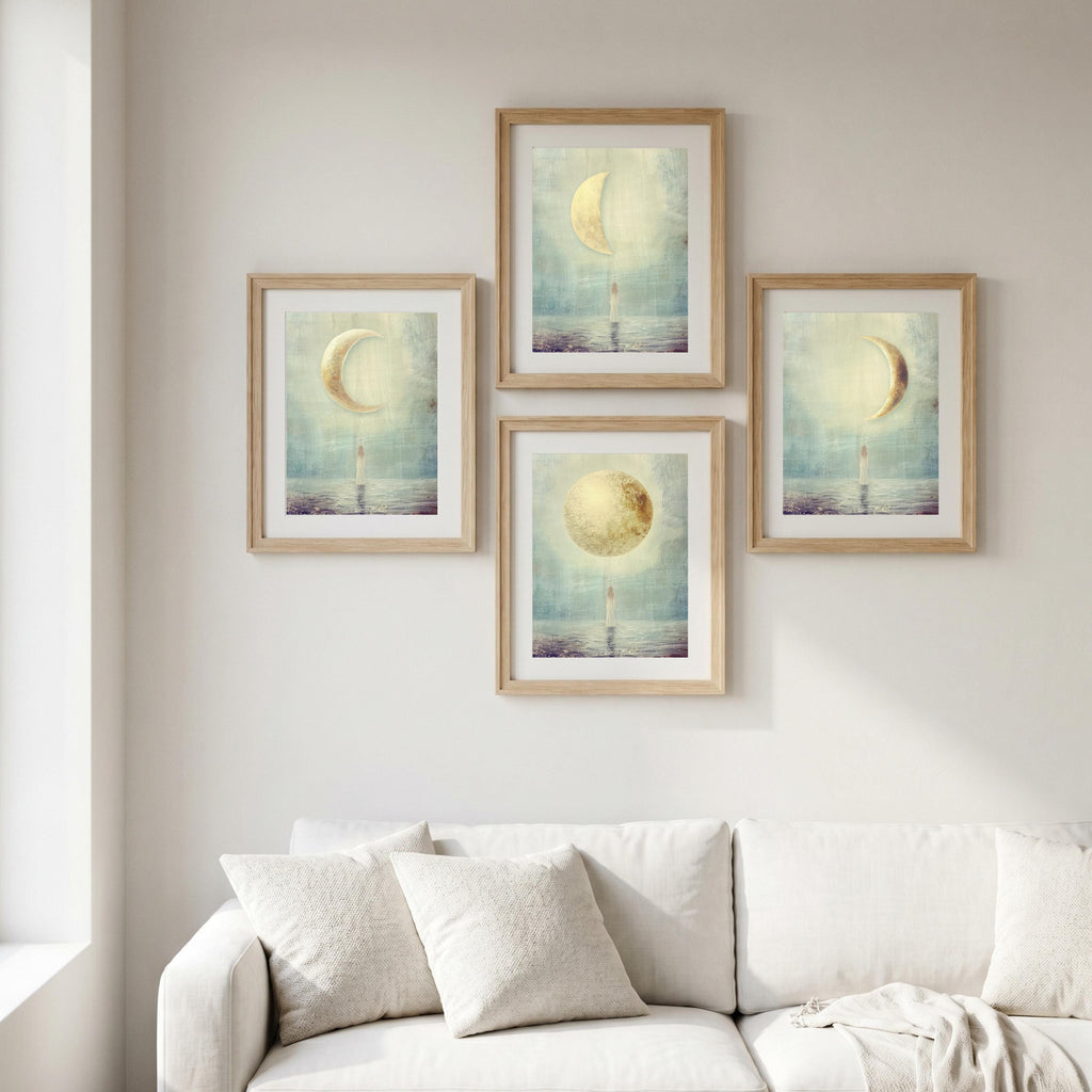 "New, crescent, full — every phase is sacred." — Moon Phases Wall Art Set, Minimalist Celestial Gallery Wall (Digital Download)