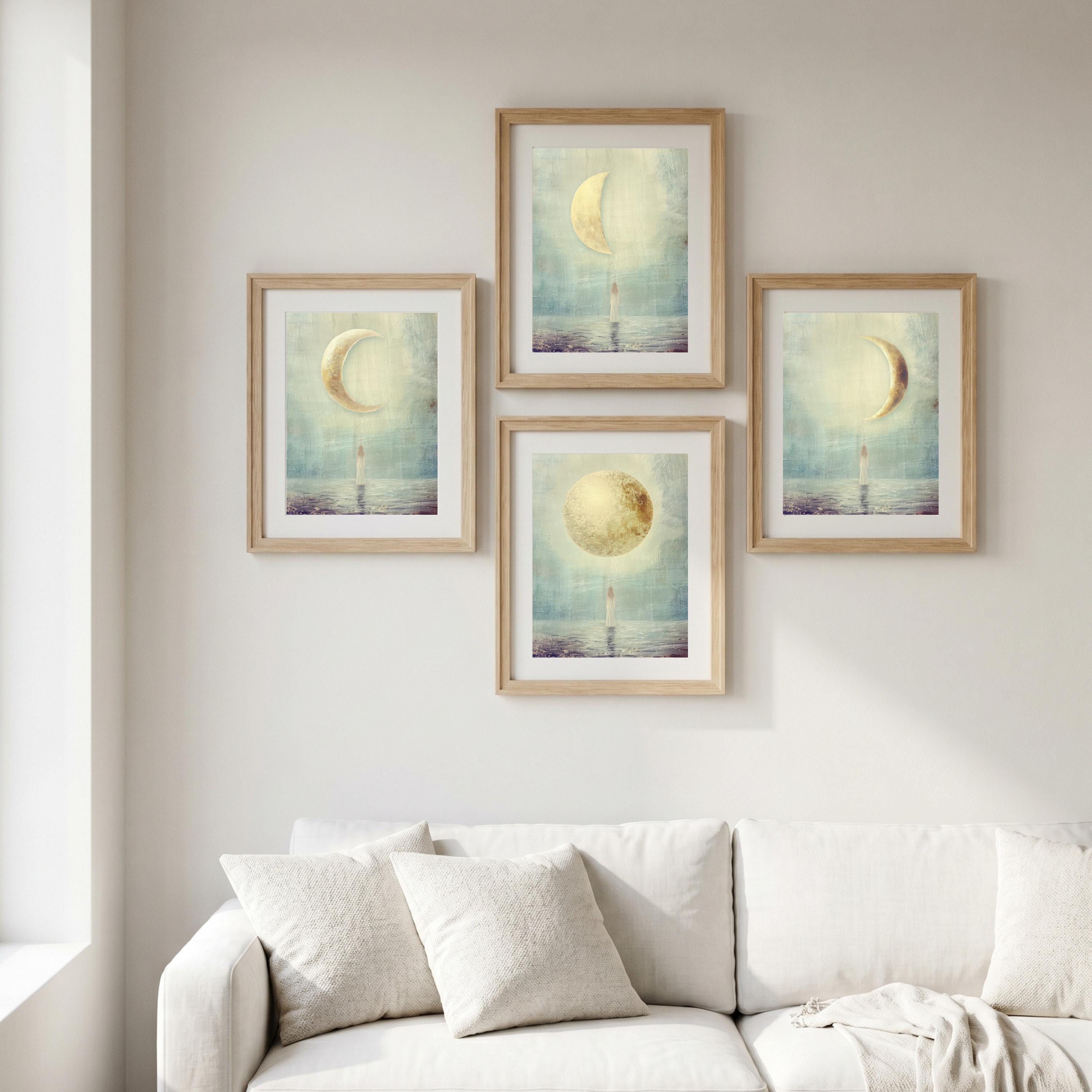 "New, crescent, full — every phase is sacred." — Moon Phases Wall Art Set, Minimalist Celestial Gallery Wall (Digital Download)