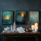 Celestial Moon Wall Art Set of 3, Teal & Gold Spiritual Lunar Prints, Bedroom Gallery Wall