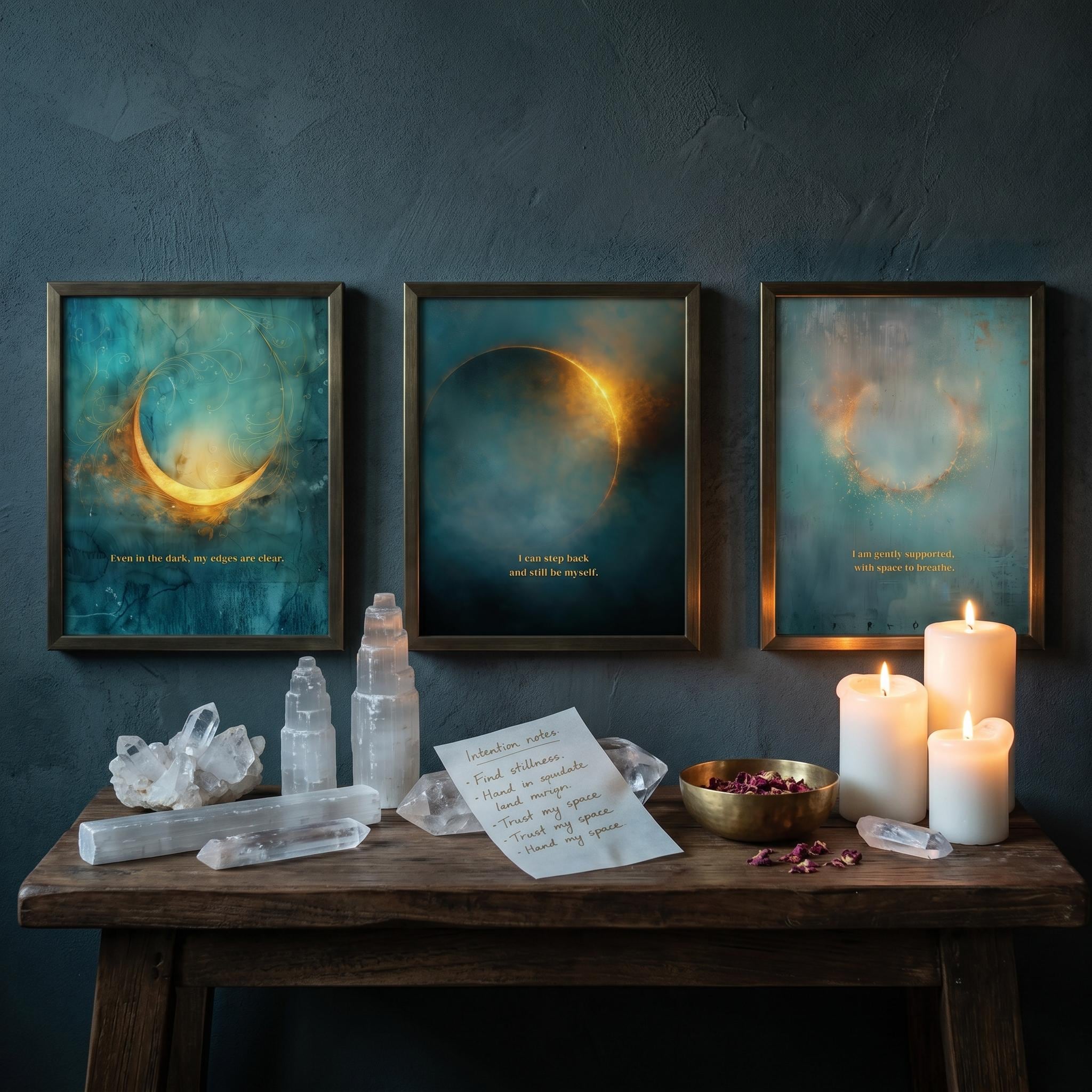 Celestial Moon Wall Art Set of 3, Teal & Gold Spiritual Lunar Prints, Bedroom Gallery Wall