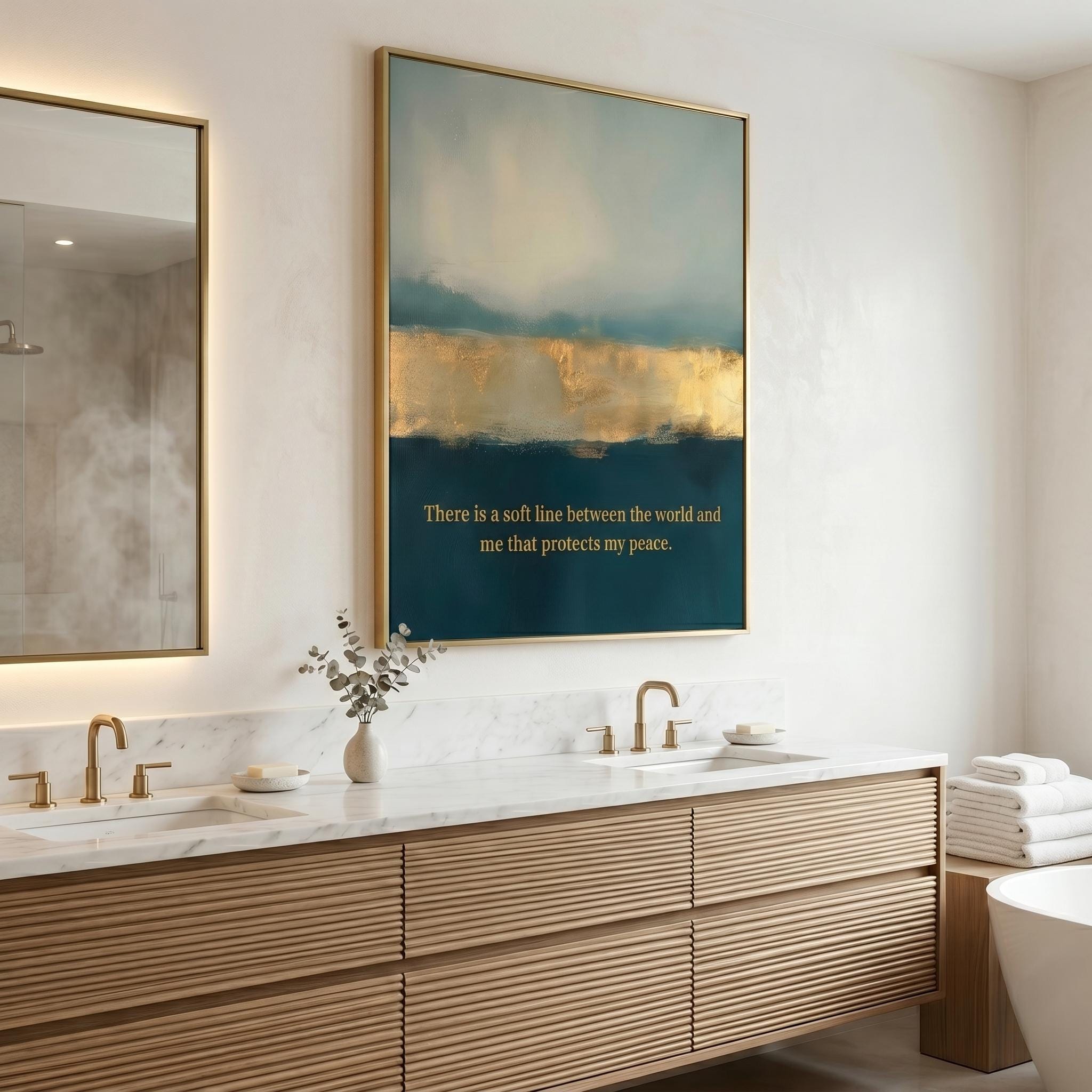 A framed abstract wall art print hangs above a double-sink bathroom vanity. The artwork features a soft blue and teal background with a horizontal gold band and a quote printed near the bottom.