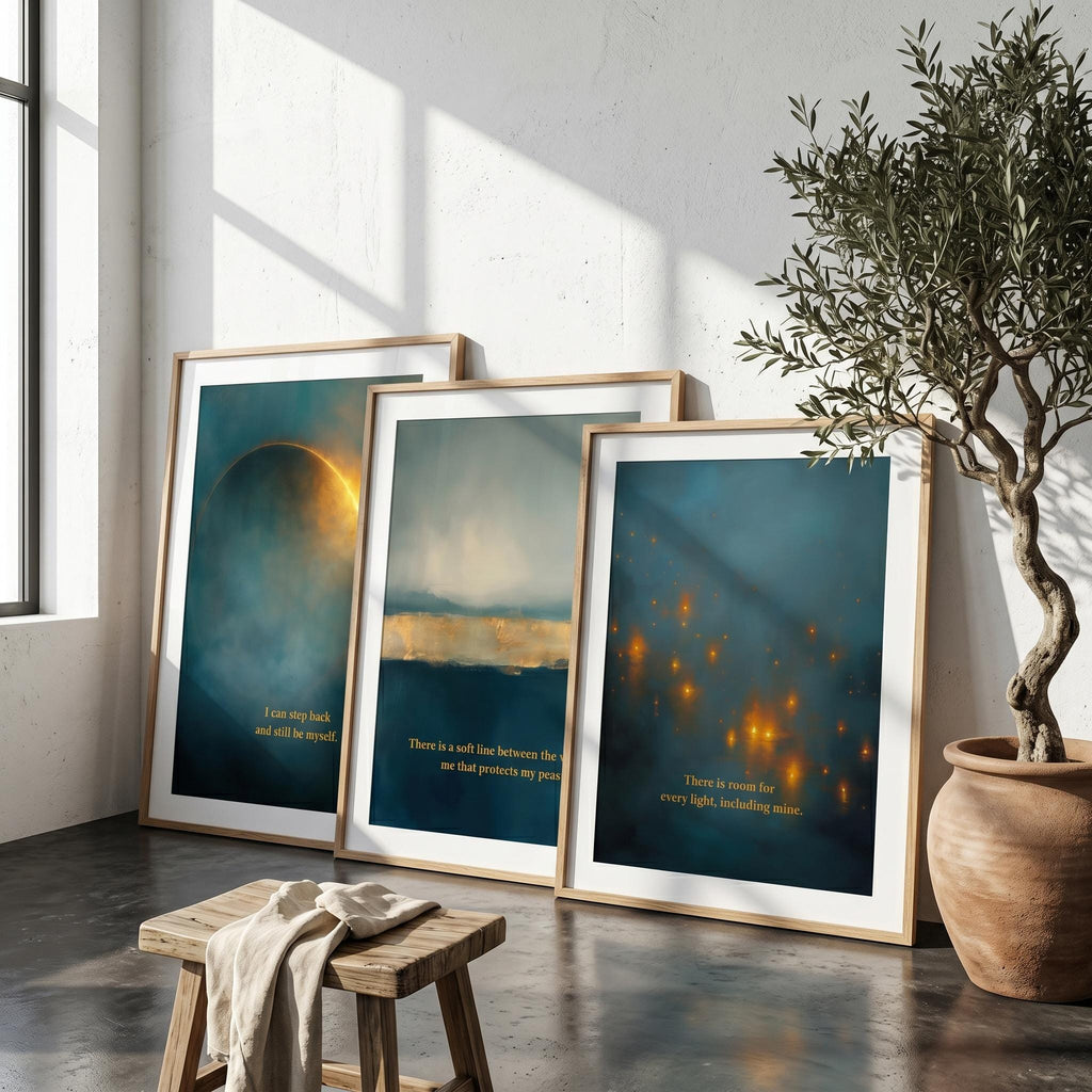 "Deep teal, gold light, sacred space." — Celestial Teal & Gold Gallery Wall Set of 9, Abstract Landscape Hallway Prints