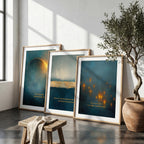 "Deep teal, gold light, sacred space." — Celestial Teal & Gold Gallery Wall Set of 9, Abstract Landscape Hallway Prints