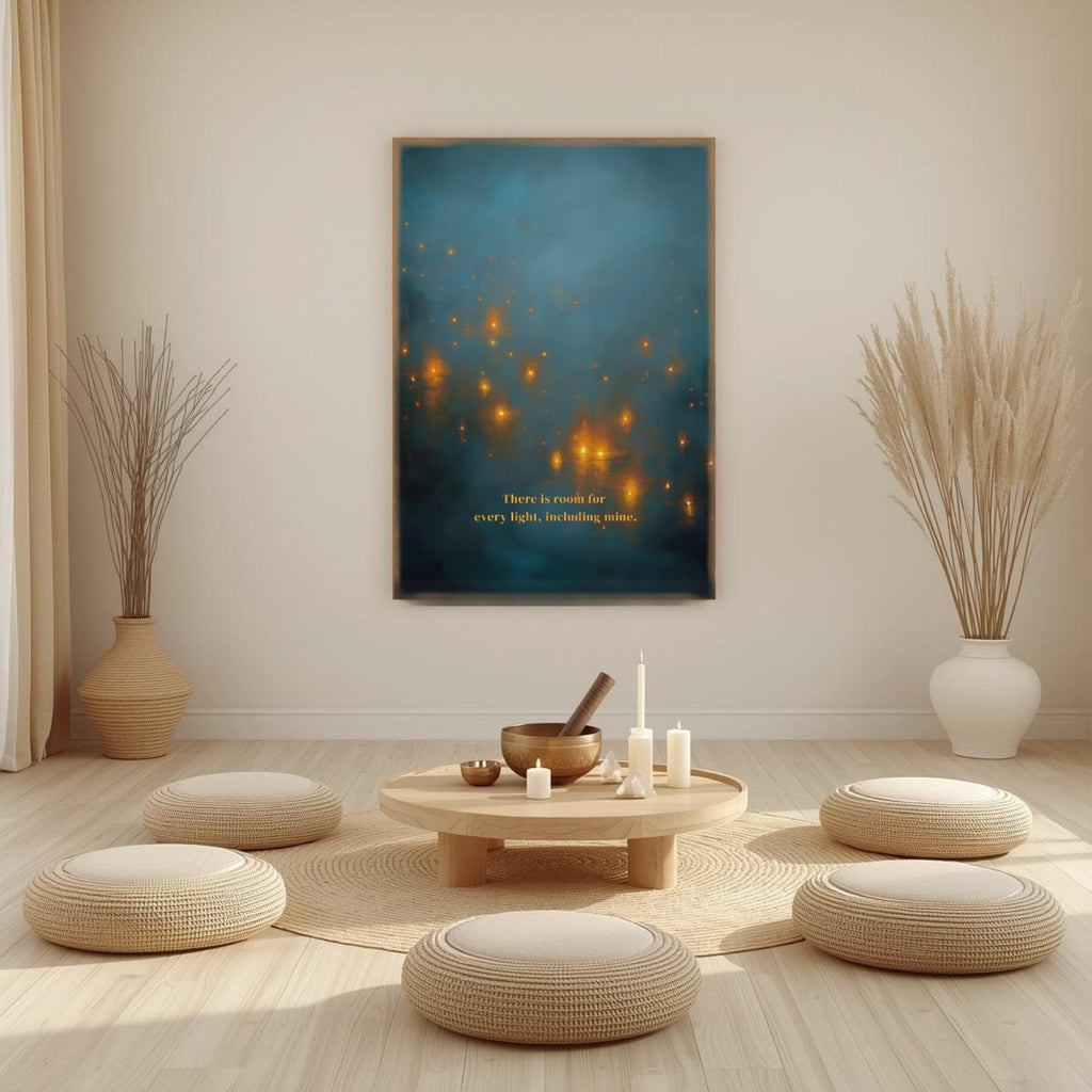 "There is room for every light, including mine." — Teal & Gold Distant Lights Abstract Print
