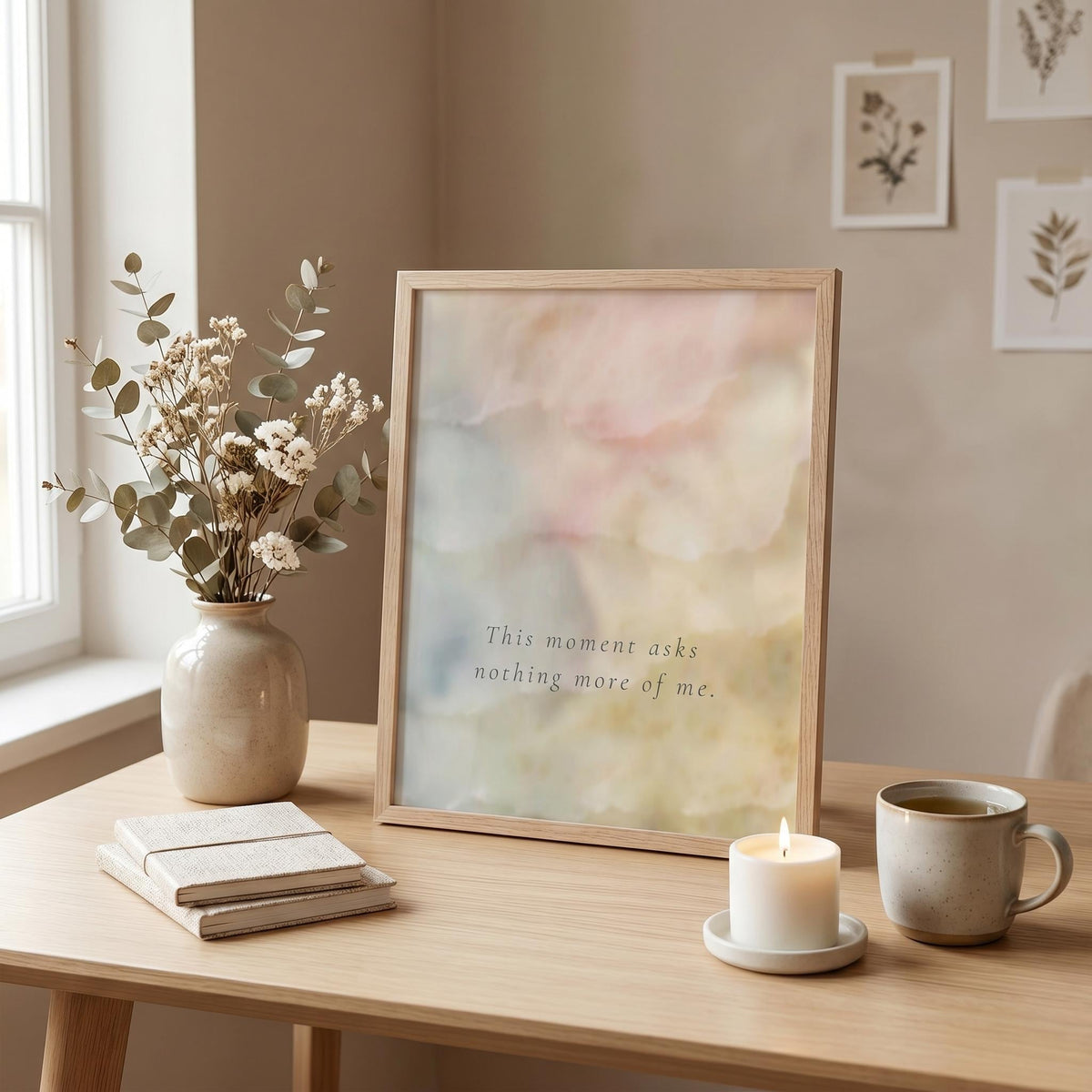 "This moment asks nothing more of me." — Holding Abstract Print, Soft Blush & Honey Mindfulness Wall Art