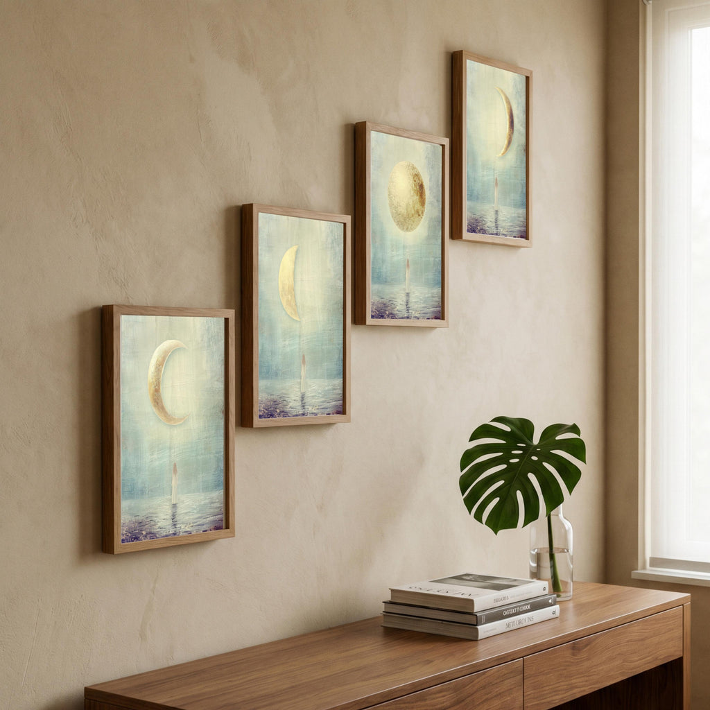"New, crescent, full — every phase is sacred." — Moon Phases Wall Art Set, Minimalist Celestial Gallery Wall (Digital Download)