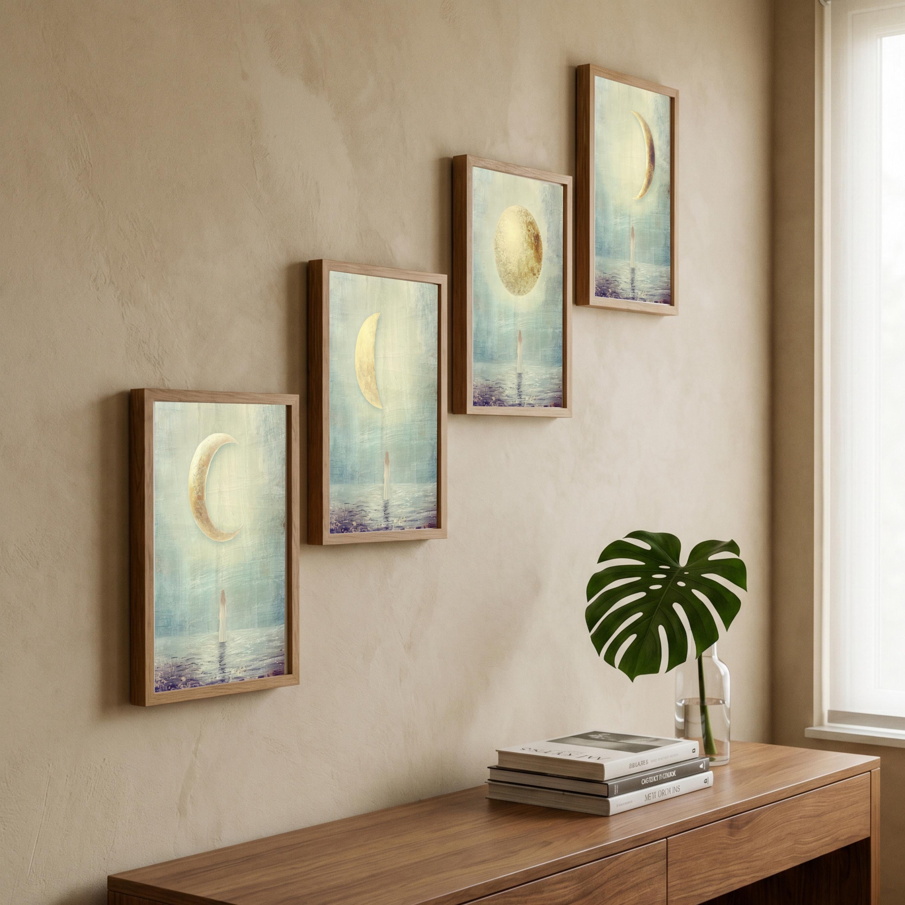"New, crescent, full — every phase is sacred." — Moon Phases Wall Art Set, Minimalist Celestial Gallery Wall (Digital Download)