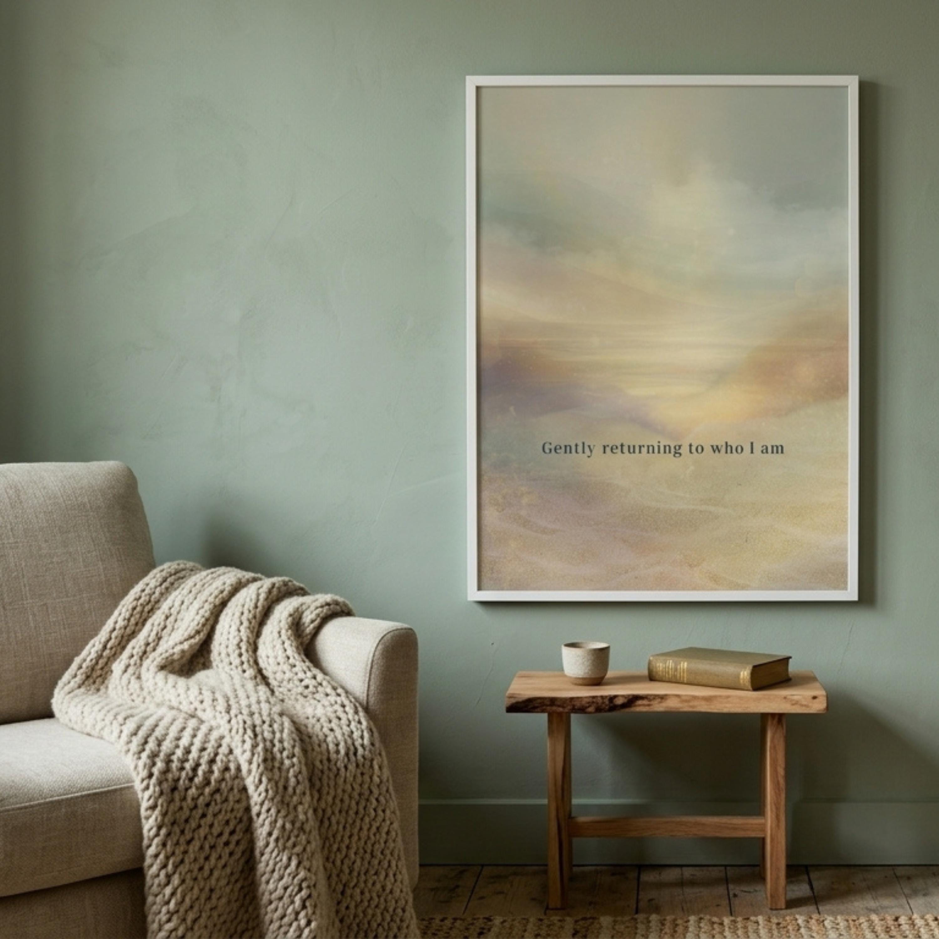 "Gently returning to who I am." — Warm Sand Landscape Print, Japandi Wabi Sabi Abstract Wall Art