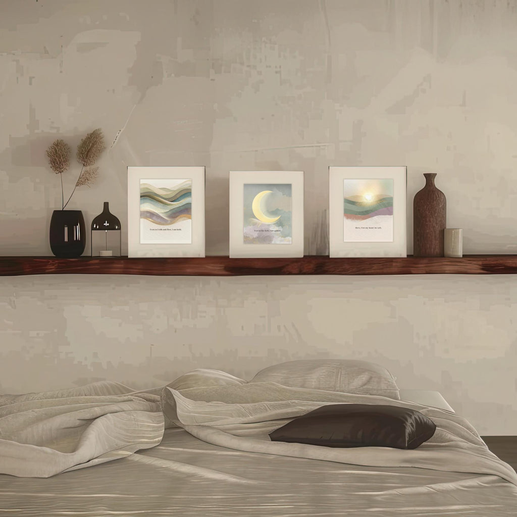 Narrow Sage Green Wall Art Set of 3, Vertical Abstract Wave & Moon Prints, Hallway Decor