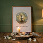 Inner Light tree wall art framed on a wooden shelf in a meditation room. with a candle and sage infront of the painting against a sage green wall 