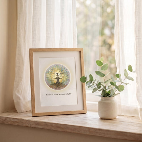 Inner Light tree wall art framed on a windowsill