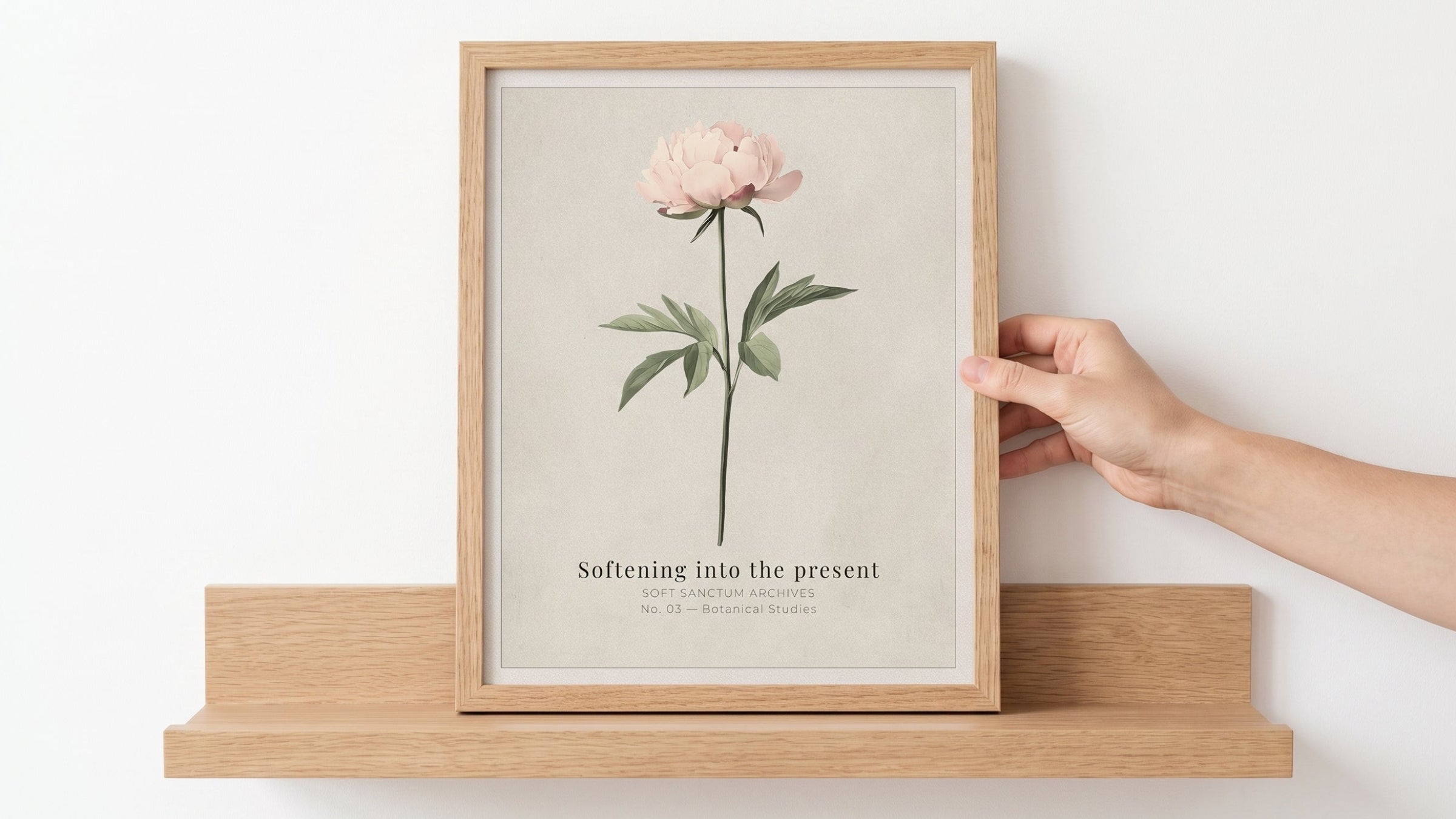 A hand holds a light wood-framed botanical art print featuring a pale pink flower and the text 'Softening into the present' against a white wall and matching wooden shelf.