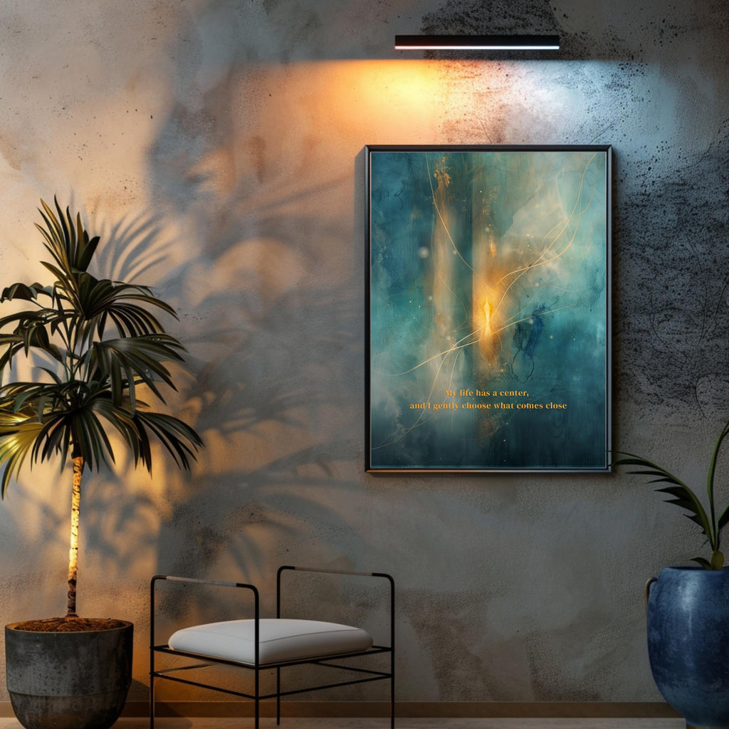 "My life has a center, and I gently choose what comes close." — Patina Blue Abstract Moon Print
