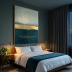 A large framed abstract wall art print hangs above a neatly made bed in a modern bedroom. The artwork features a dark teal and blue landscape with a glowing golden band and small gold text near the bottom.