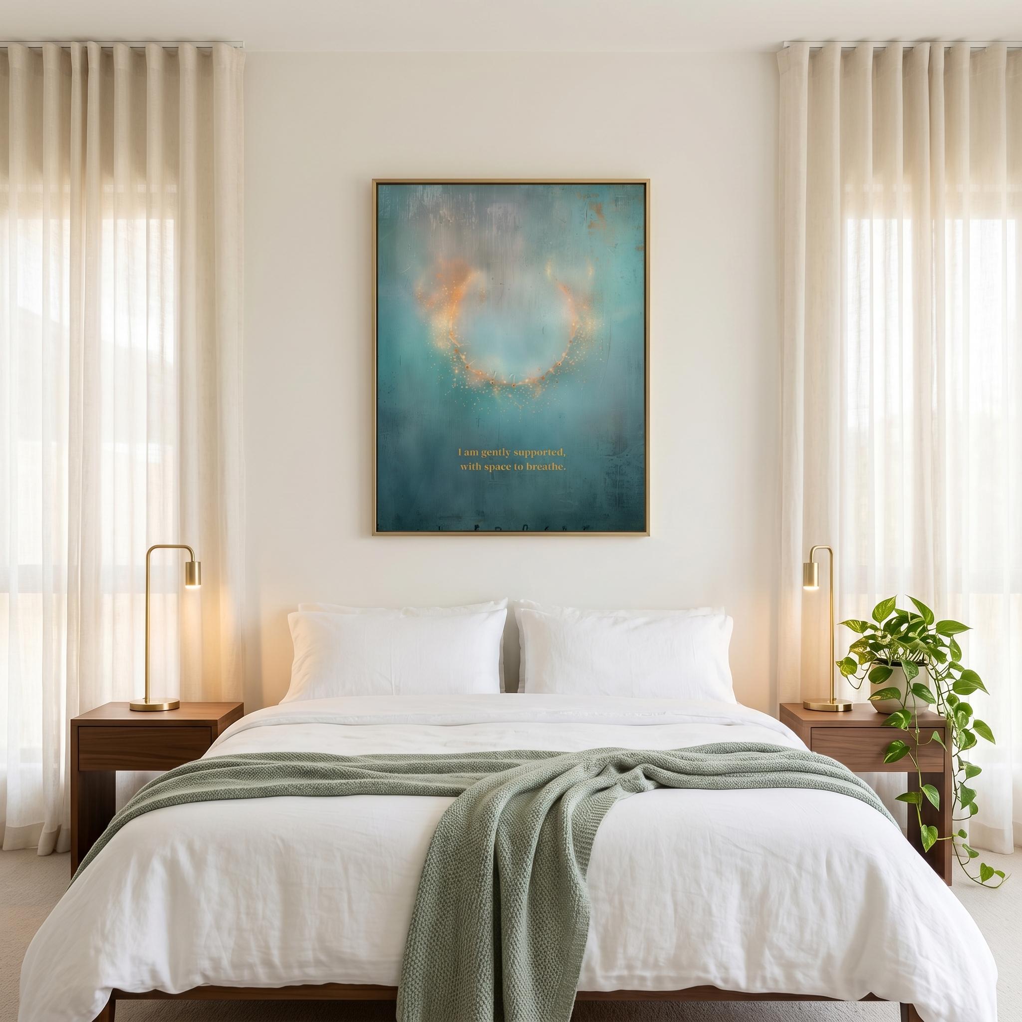 "I am gently supported, with space to breathe." — Teal & Gold Circle of Light Abstract Print (Digital Download)
