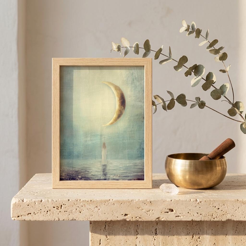 "Rest, reset, begin again." — New Moon Celestial Print, Minimalist Spiritual Wall Art