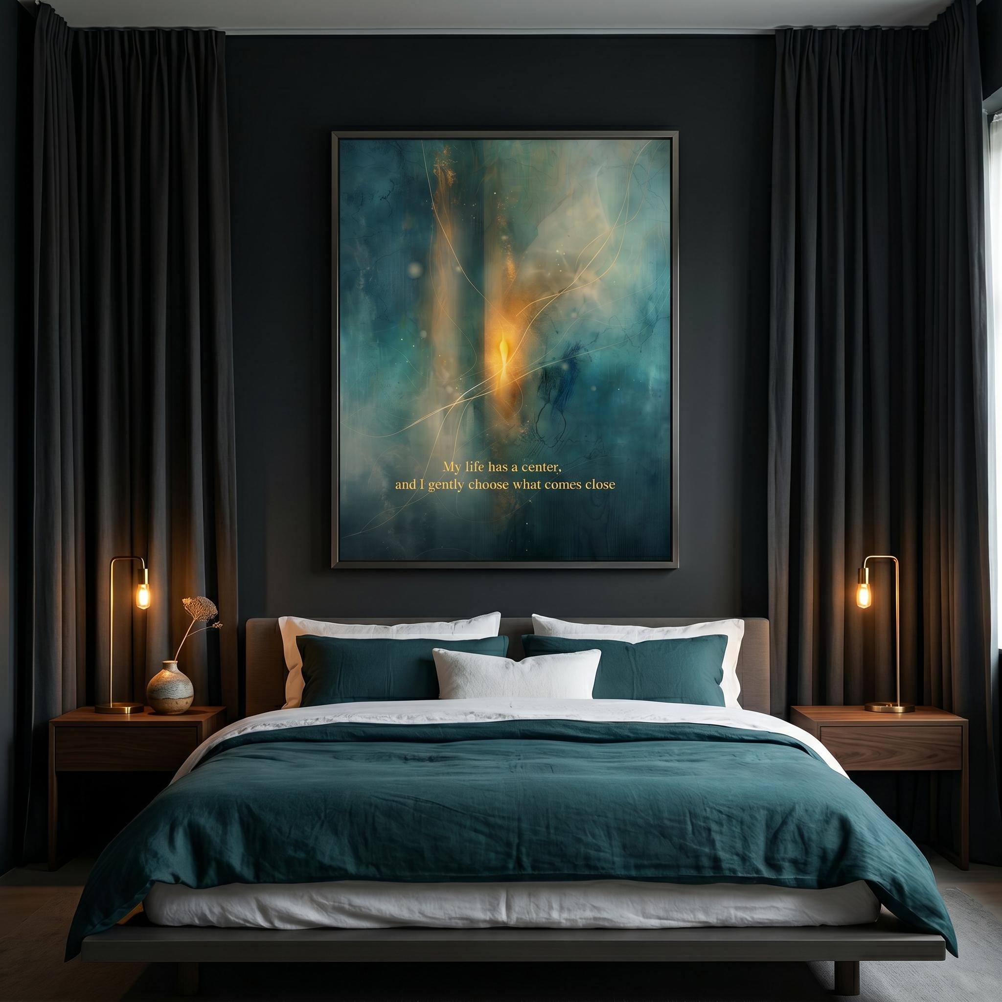 "My life has a center, and I gently choose what comes close." — Patina Blue Abstract Moon Print